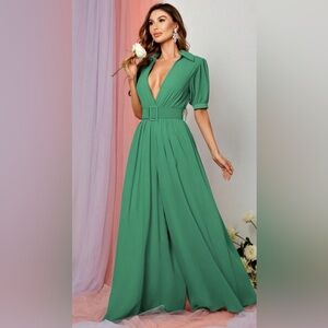 Deep V Short Sleeve Wide Leg Jumpsuit